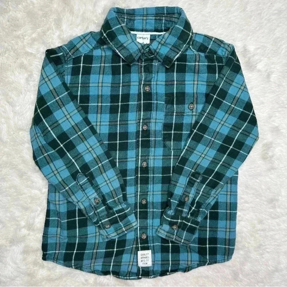 Carter’s Button Up Shirt Collared Plaid Green & Black Size 4T